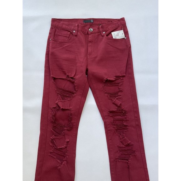 G By Guess Slim Straight Heavy Destroy Jeans In Red Size 32 - Picture 3 of 10
